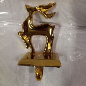 Solid Brass Christmas Reindeer Stocking Hanger Gold tone 7"